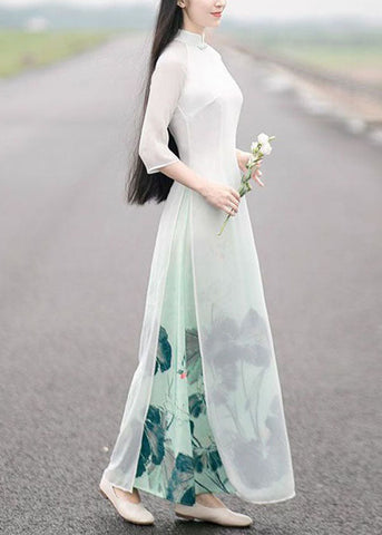 Oriental White Gradient Print Side Open Chiffon Dress Spring LY1688