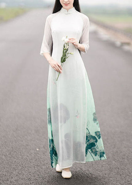 Oriental White Gradient Print Side Open Chiffon Dress Spring LY1688