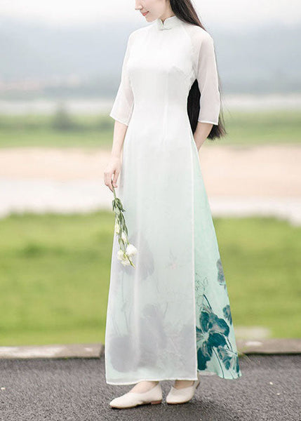 Oriental White Gradient Print Side Open Chiffon Dress Spring LY1688