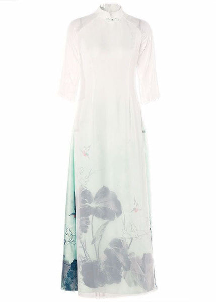 Oriental White Gradient Print Side Open Chiffon Dress Spring LY1688
