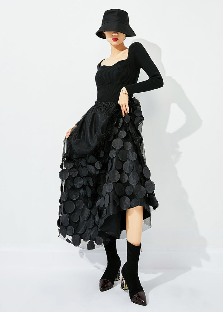 Original Design Yellow-Black Dot Elastic Waist Patchwork Wrinkled Tulle Skirt Summer LY0873