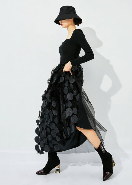 Jupe d'été en tulle froissé patchwork noir et bleu à pois, taille élastique, design original LY0872