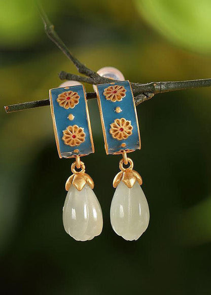 Original Design Jade Cloisonne Silver Drop Earrings HE1027