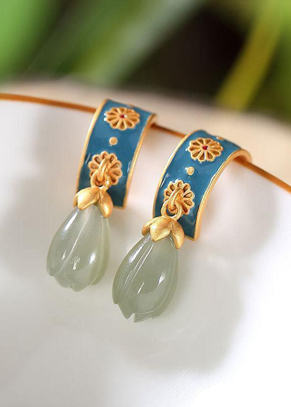 Original Design Jade Cloisonne Silver Drop Earrings HE1027