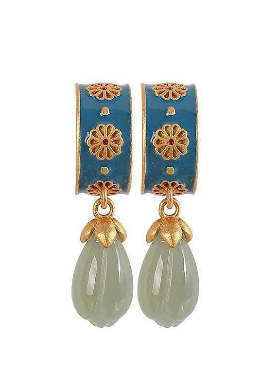 Original Design Jade Cloisonne Silver Drop Earrings HE1027