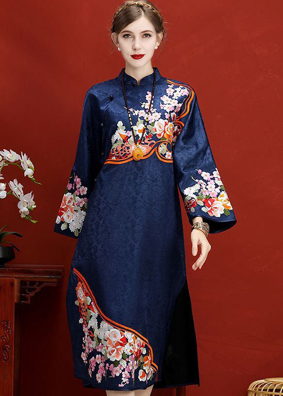 Original Design Navy Embroideried Jacquard Silk Chinese Style Dress Vestidos Spring LC0211