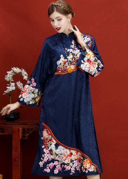 Original Design Navy Embroideried Jacquard Silk Chinese Style Dress Vestidos Spring LC0211