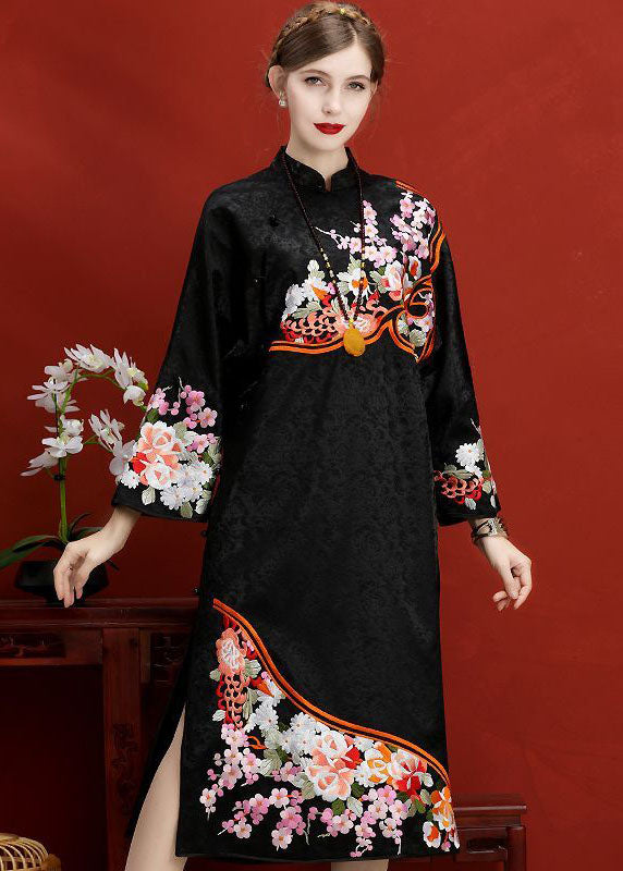 Original Design Navy Embroideried Jacquard Silk Chinese Style Dress Vestidos Spring LC0211