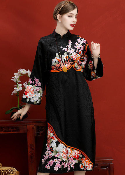 Original Design Navy Embroideried Jacquard Silk Chinese Style Dress Vestidos Spring LY1684