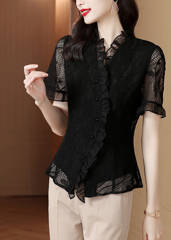 Original Design Navy Ruffled Hollow Out Lace Shirt Summer LY0418