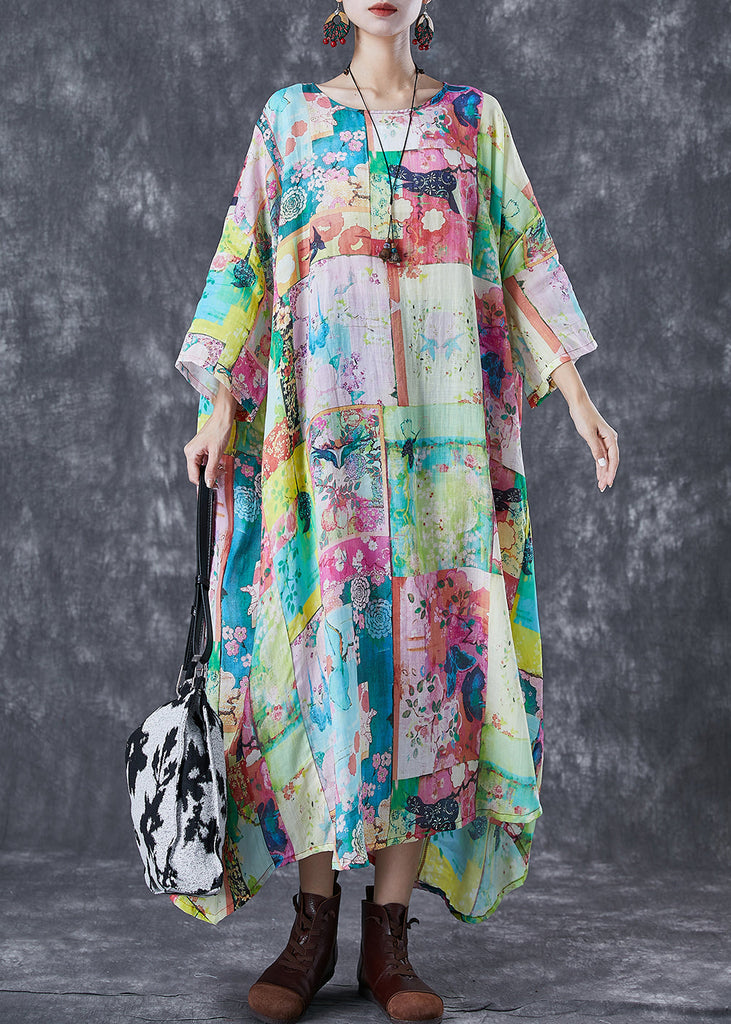 Original Design Oversized Print Linen Maxi Dresses Bracelet Sleeve TD1068