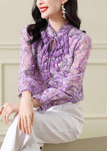 Original Design Purple Stand Collar Ruffled Print Chiffon Blouse Top Spring FR2031