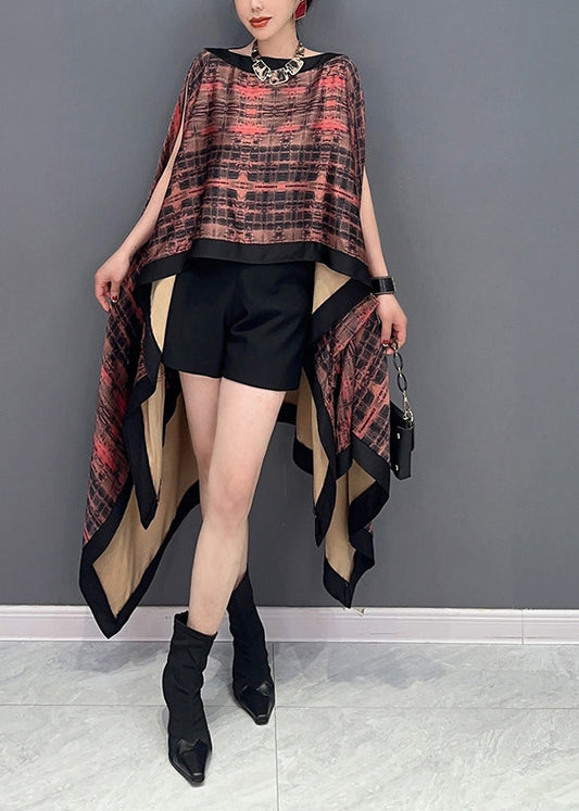 Original Design Slash Neck Asymmetrical Print Silk Tops Batwing Sleeve LY0572