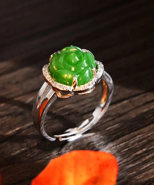 Oversize Green Sterling Silver Jade Zircon Floral Rings Ada Fashion