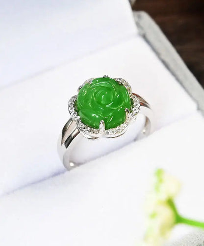Oversize Green Sterling Silver Jade Zircon Floral Rings Ada Fashion