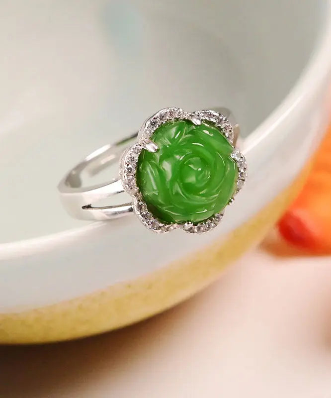 Oversize Green Sterling Silver Jade Zircon Floral Rings Ada Fashion