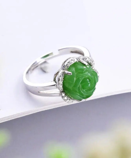 Oversize Green Sterling Silver Jade Zircon Floral Rings Ada Fashion