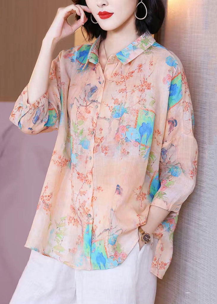 Oversized Pink Peter Pan Collar Print Patchwork Linen Shirt Tops Summer TP1046