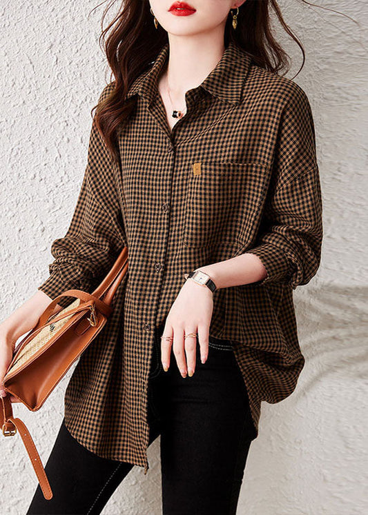 Oversized Plaid Peter Pan Collar Pockets Patchwork Cotton Shirts Long Sleeve TQ1044