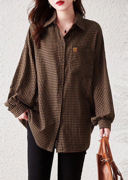 Oversized Plaid Peter Pan Collar Pockets Patchwork Cotton Shirts Long Sleeve TQ1044