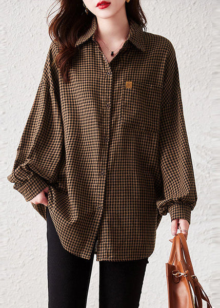 Oversized Plaid Peter Pan Collar Pockets Patchwork Cotton Shirts Long Sleeve TQ1044