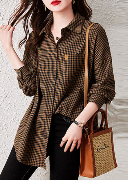 Oversized Plaid Peter Pan Collar Pockets Patchwork Cotton Shirts Long Sleeve TQ1044