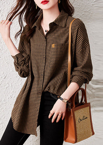 Oversized Plaid Peter Pan Collar Pockets Patchwork Cotton Shirts Long Sleeve TQ1044