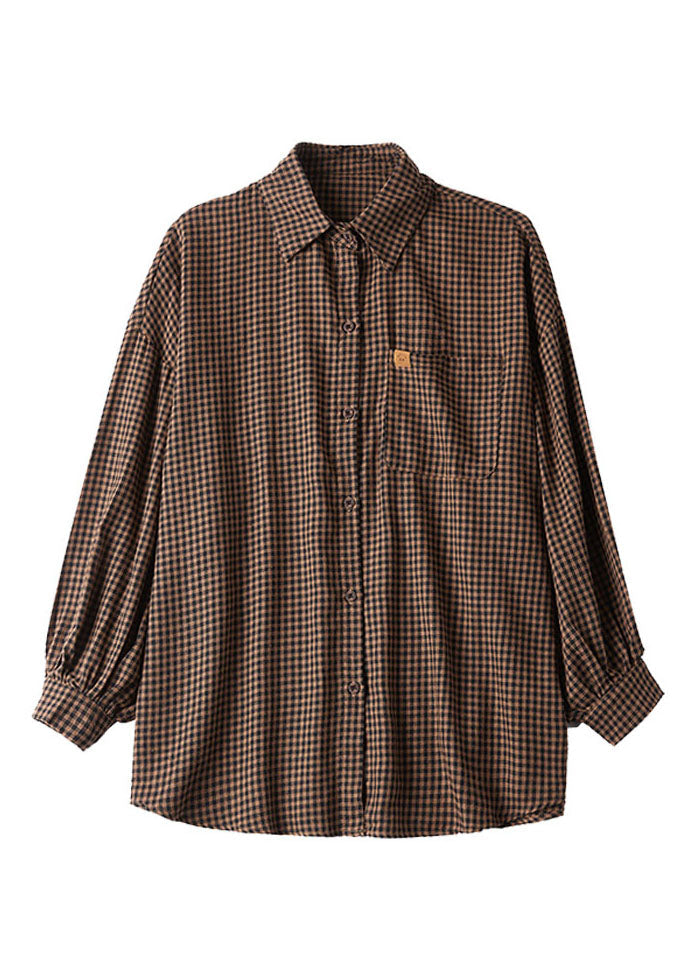 Oversized Plaid Peter Pan Collar Pockets Patchwork Cotton Shirts Long Sleeve TQ1044