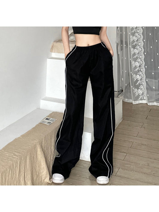 Casual High Waist Loose Pockets Black Pants OT103