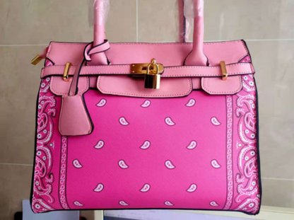 Bandana Print Lock Handbag/Thick Bottom Slides Set F2118 - Furdela