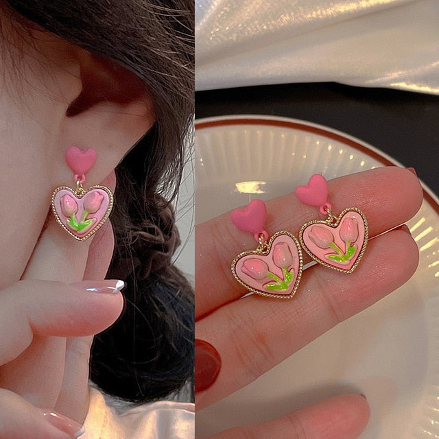 Pearl tulip heart temperament clavicle chain earrings - Furdela