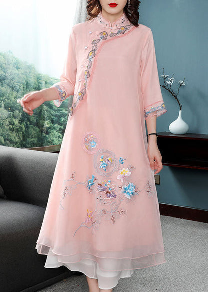 Pink Chiffon Chinese Style Dresses Chinese Button Embroideried Bracelet Sleeve FR2022