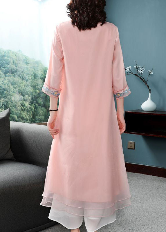 Pink Chiffon Chinese Style Dresses Chinese Button Embroideried Bracelet Sleeve FR2022