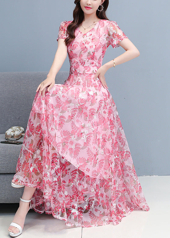 Pink Chiffon Holiday Maxi Dresses Short Sleeve LY1699