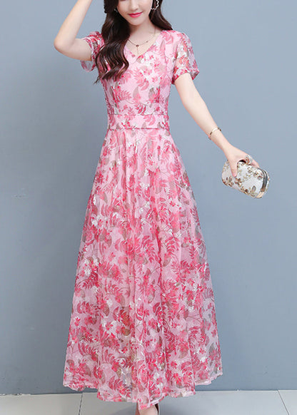 Pink Chiffon Holiday Maxi Dresses Short Sleeve LY1699