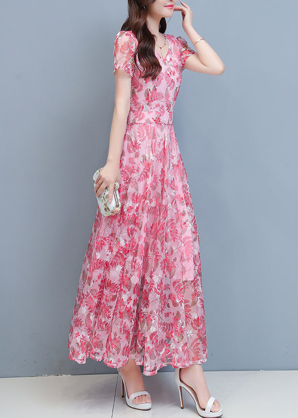 Pink Chiffon Holiday Maxi Dresses Short Sleeve LY1699