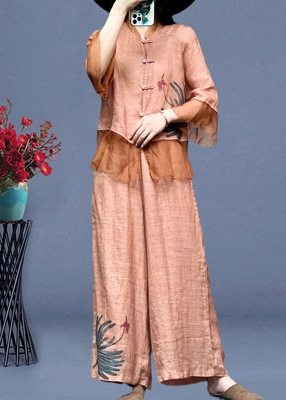 Pink Embroideried Button Linen Shirts And Wide Leg Pants Linen Summer TI1012