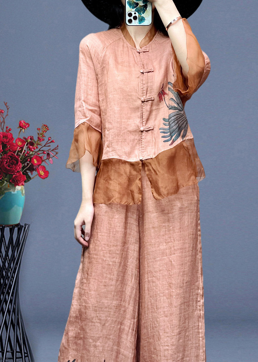 Pink Embroideried Button Linen Shirts And Wide Leg Pants Linen Summer TI1012