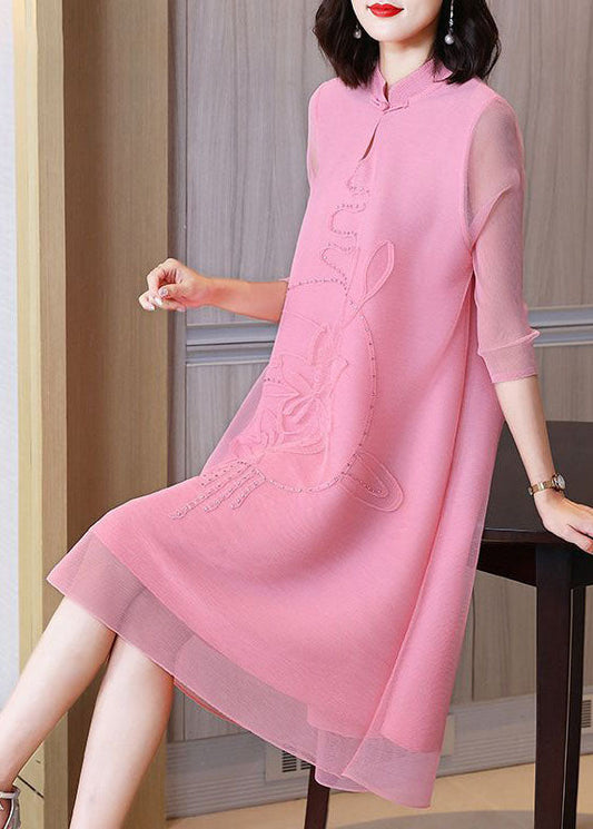 Pink Jacquard A Line Dress Mandarin Collar Wrinkled Bracelet Sleeve LY1406