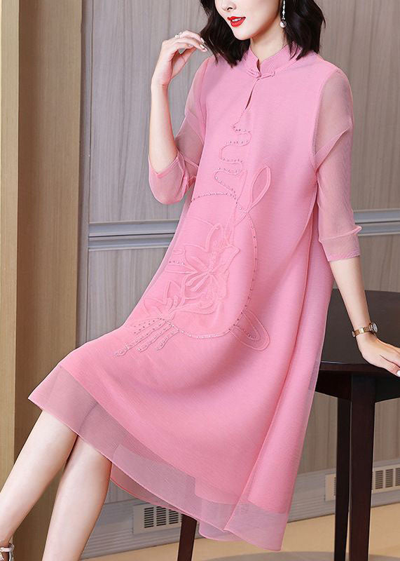 Pink Jacquard A Line Dress Mandarin Collar Wrinkled Bracelet Sleeve LY1406