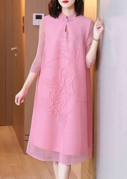 Pink Jacquard A Line Dress Mandarin Collar Wrinkled Bracelet Sleeve LY1406