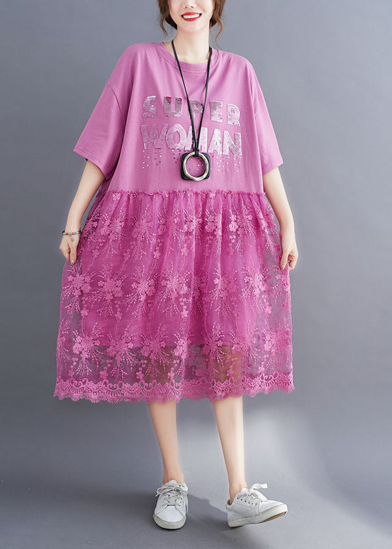 Pink Lace Patchwork Cotton Maxi Dresses Oversized Letter Print Half Sleeve LY0894