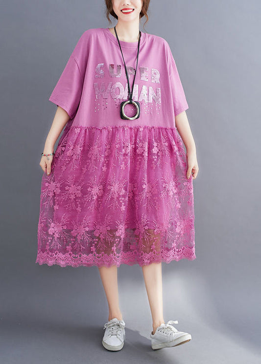 Pink Lace Patchwork Cotton Maxi Dresses Oversized Letter Print Half Sleeve LY0894