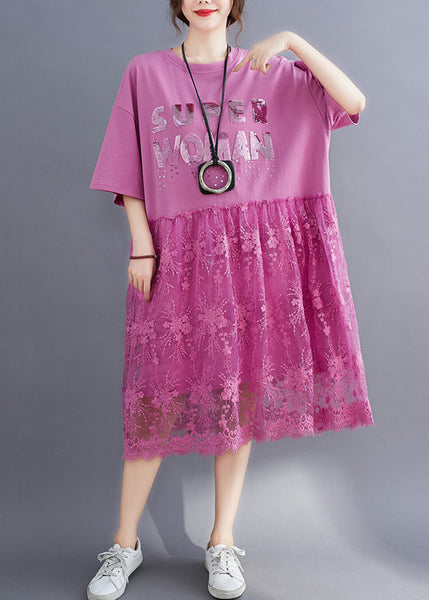 Pink Lace Patchwork Cotton Maxi Dresses Oversized Letter Print Half Sleeve LY0894