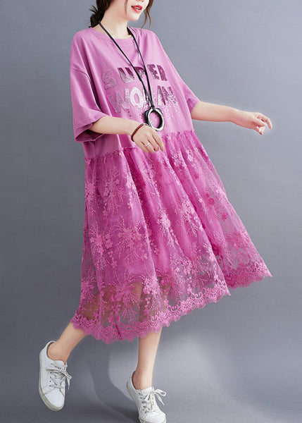Pink Lace Patchwork Cotton Maxi Dresses Oversized Letter Print Half Sleeve LY0894