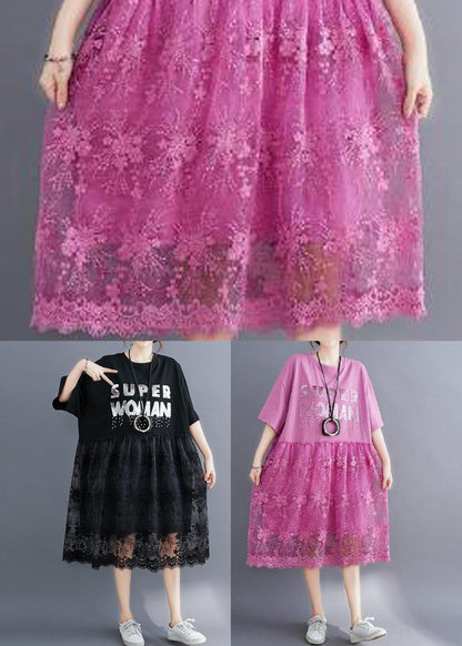 Pink Lace Patchwork Cotton Maxi Dresses Oversized Letter Print Half Sleeve LY0894