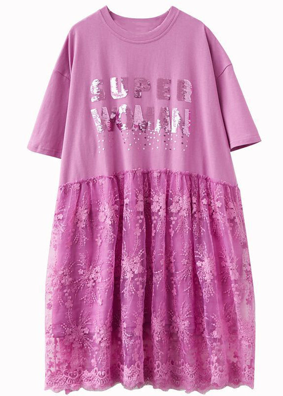 Pink Lace Patchwork Cotton Maxi Dresses Oversized Letter Print Half Sleeve LY0894