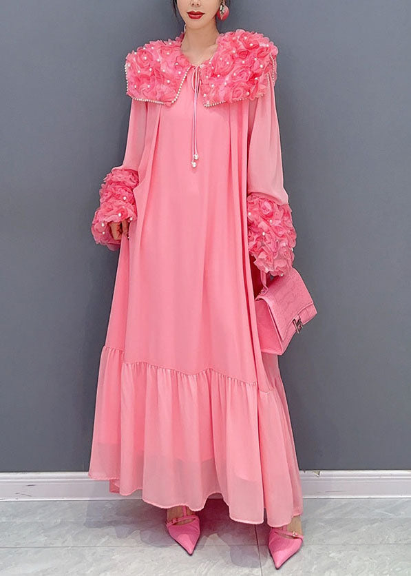 Pink Patchwork Cotton Dress Peter Pan Collar Floral Nail Bead Spring LC0367