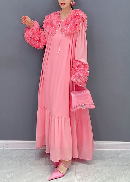 Pink Patchwork Cotton Dress Peter Pan Collar Floral Nail Bead Spring LC0367