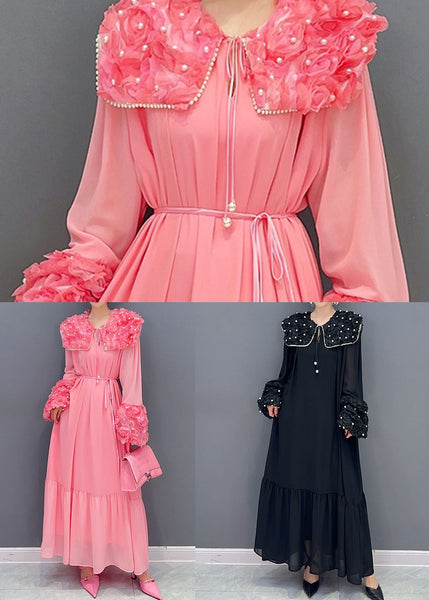 Pink Patchwork Cotton Dress Peter Pan Collar Floral Nail Bead Spring LC0367